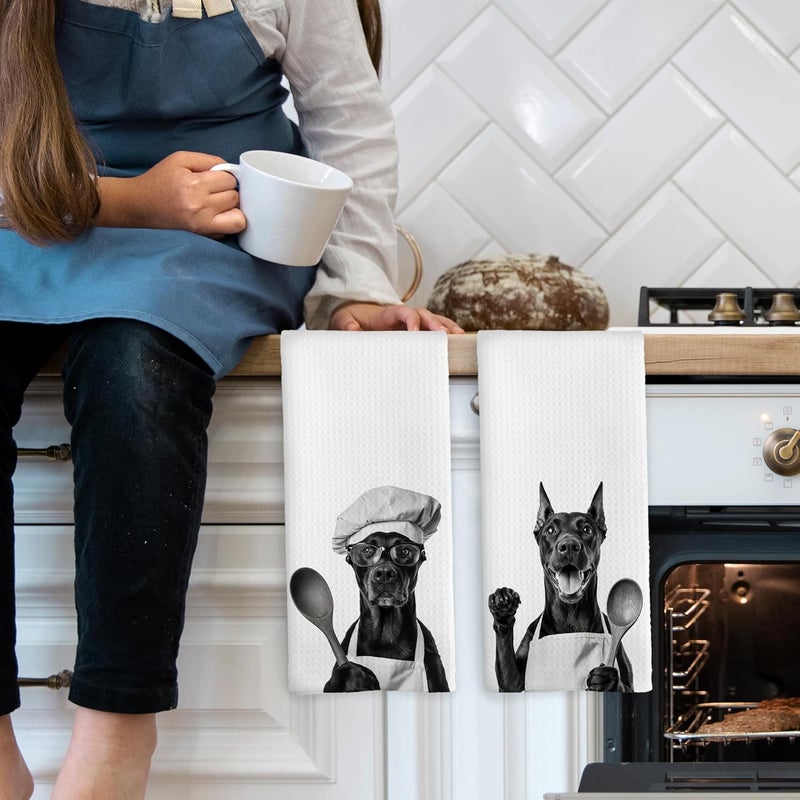 Mcehtle Funny Doberman Kitchen Towels Set of 2, Dog Kitchen Accessories, Dog Chef Gift Hand Towel, Gifts for Dogs Mom Lovers Women, Dining Room Decorative Tea Towel Dish Towels 16x24 Inch - Image 3